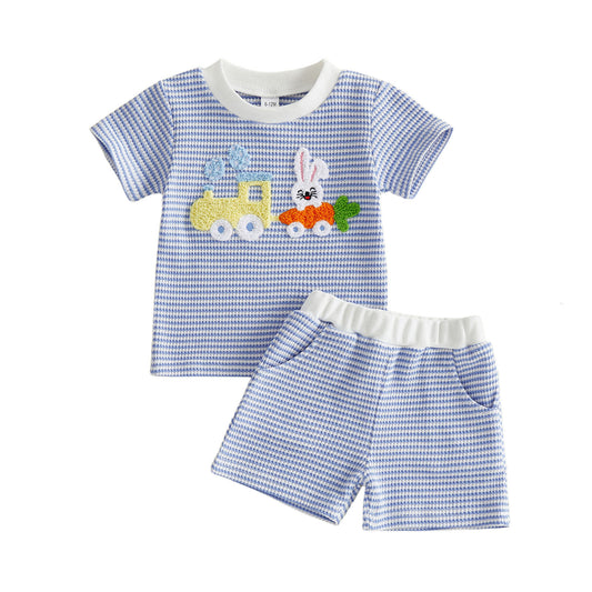 Rabbit Embroidered Waffle-Knit Baby Two-Piece Set