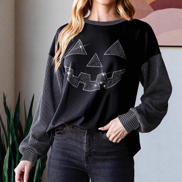 Pullover Crew Neck Personality Trendy Rhinestone Stitching Halloween Sweater