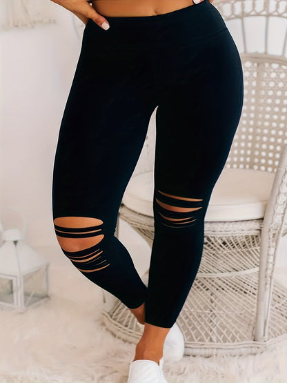 Legging Taille Haute Noir Femme Grande Taille avec Détails Évidés Chic - Mélange Polyester/Élasthanne Extensible & Confortable, Legging Facile d'Entretien