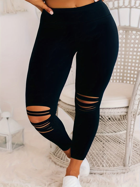 Legging Taille Haute Noir Femme Grande Taille avec Détails Évidés Chic - Mélange Polyester/Élasthanne Extensible & Confortable, Legging Facile d'Entretien