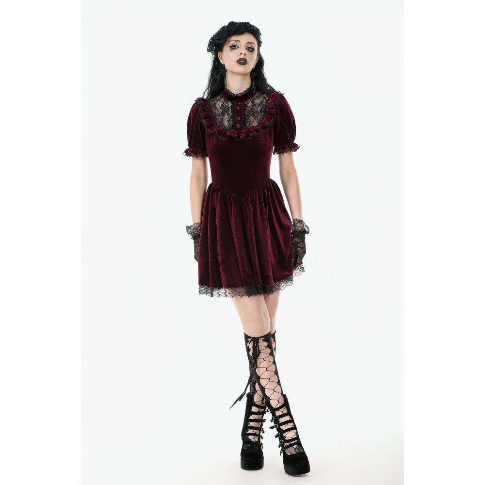 Robe Gothique en Velours Bordeaux à Col en Dentelle Ophelia Dark in Love