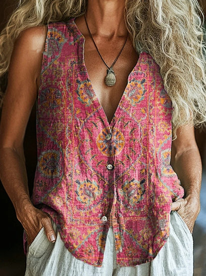 Trendy Button Floral V-neck Shirt