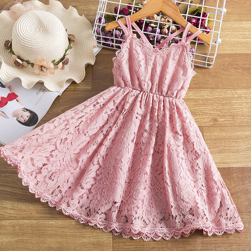 Children's Embroidered Skirt Lace Dress With Suspenders