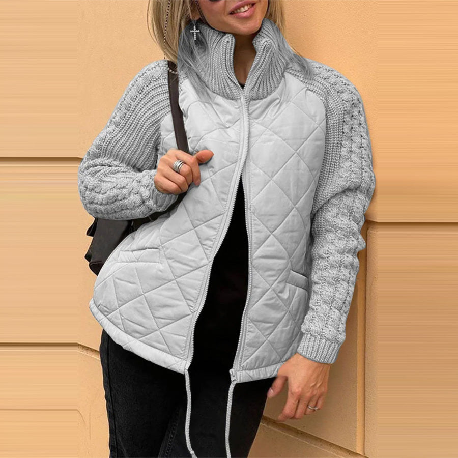 Women's Stand Collar Cotton Jacket - Zip Up Winter Coat with Pockets