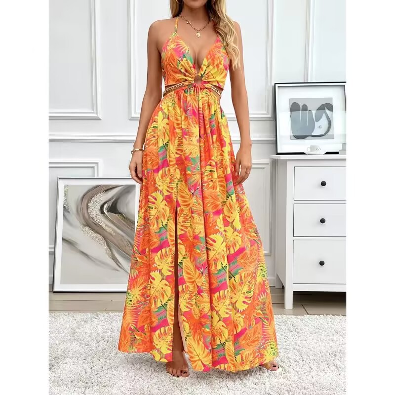Floral Print Backless Side-Slit Dress