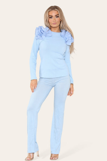 Ruffle Frill Shoulder Ribbed Loungewear Set