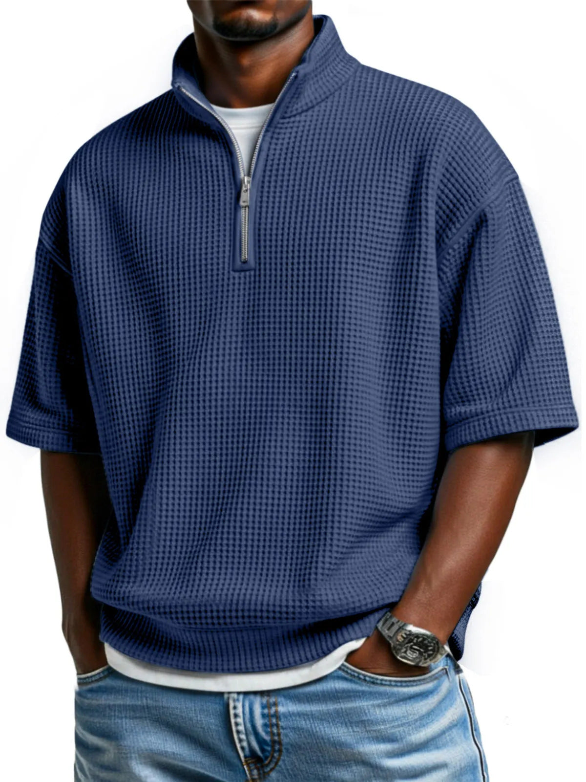 Men's Waffle Knit Half-Zip Polo Shirt - Short Sleeve