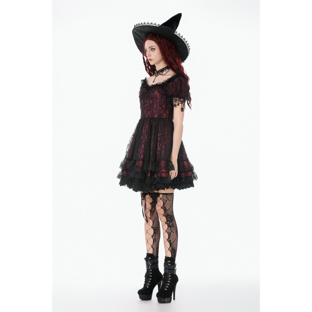 Dark in Love Red Black Lace Princess Dress with Stars Lace