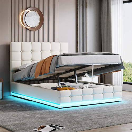 Ottoman Double Bed With LED Lighting, PU Leather Upholstered Bed With Hydraulic Storage, 4ft6 Double Bed Frame With Adjustable Button Tufted Headboard, Cream White No Mattress