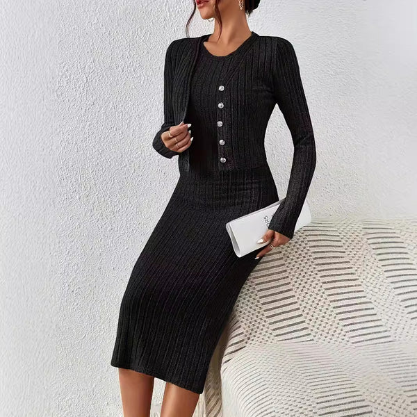 Front Button Cropped Top And Slim Fit Dress