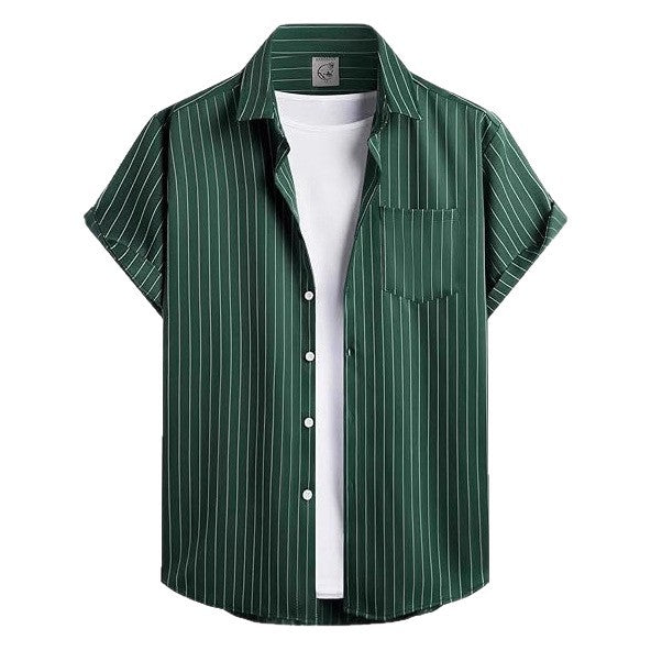 Striped And Solid-color Short-sleeve Shirt-cardigan