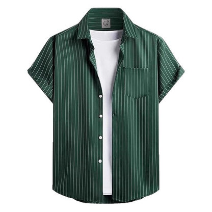 Striped And Solid-color Short-sleeve Shirt-cardigan