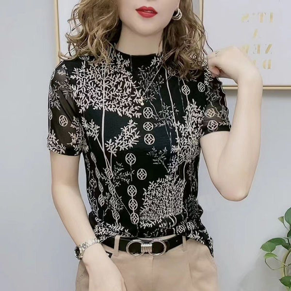Womens Double Layer Mesh Floral Print T-shirt Stretch