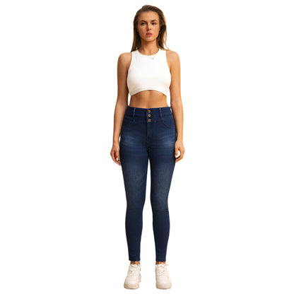 Shascullfites Melody Jean Skinny Taille Haute pour Femme – Jean Stretch Bleu Foncé avec Poches Zippées et Effet Push-Up