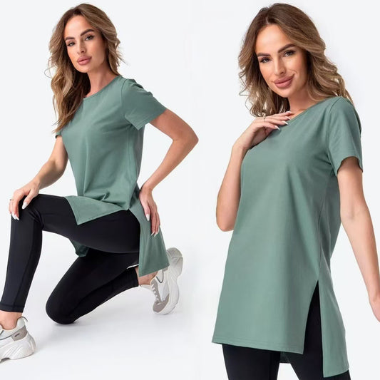 Slit Loose Round Neck Short Sleeve Sweater