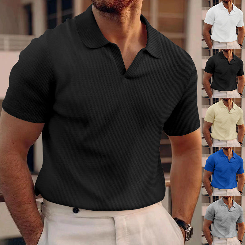 Waffle Lapel Short-sleeved V T-shirts