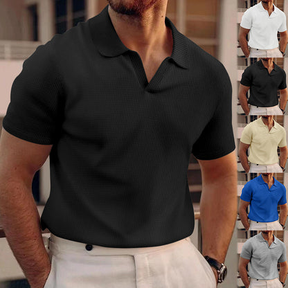 Waffle Lapel Short-sleeved V T-shirts