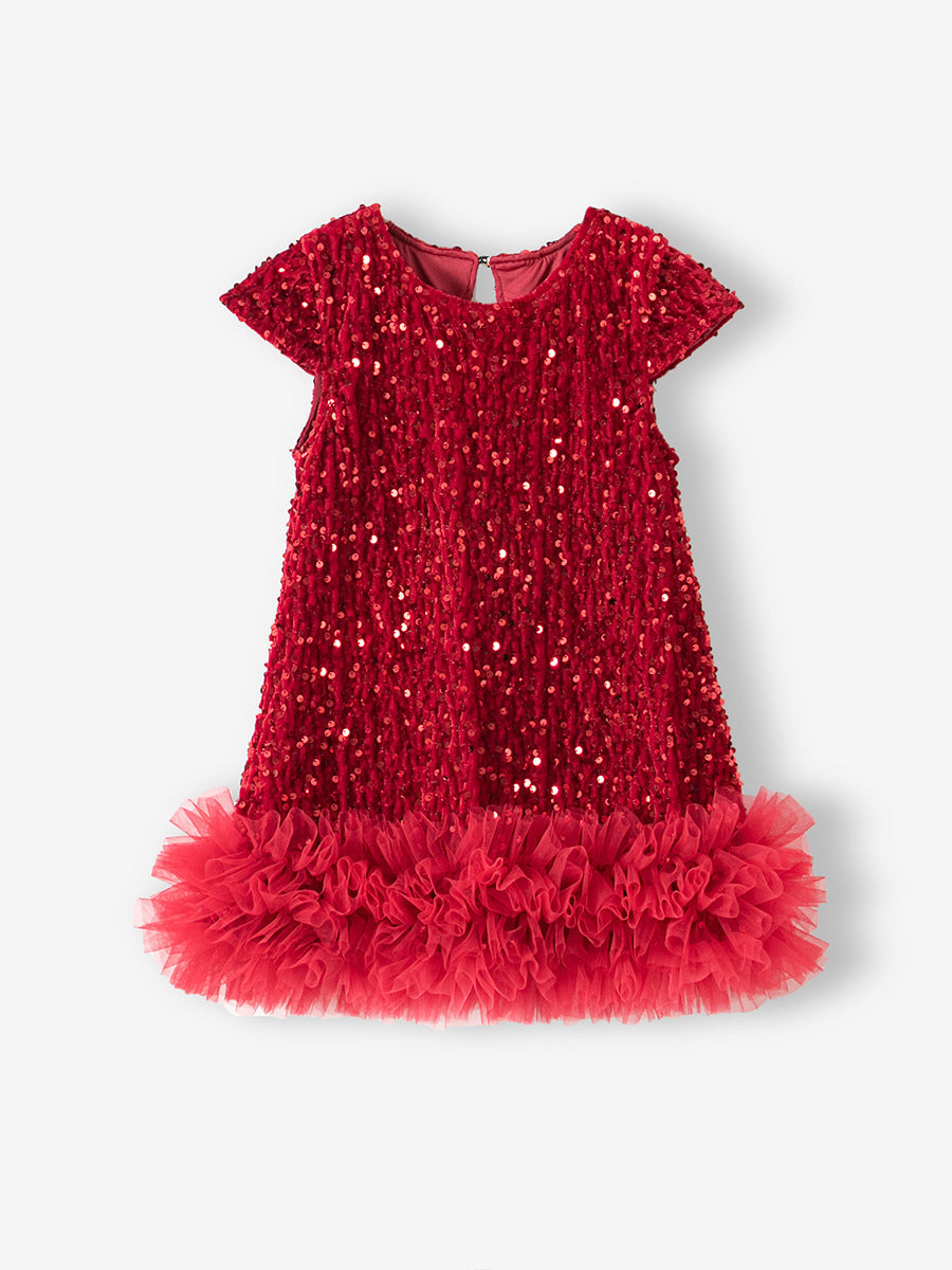 Fashion Girls Sequin Gauze Stitching Vest Dress