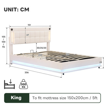 5ft King LED Hydraulic Bed With Charging Station, Adjustable Square Tufted Headboard With Intelligent Control Light, Soft Velvet Bed Frame With USB And Type - C Ports, Beige