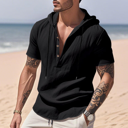 Men's Linen Hooded Henley Shirt - Breathable Short Sleeve