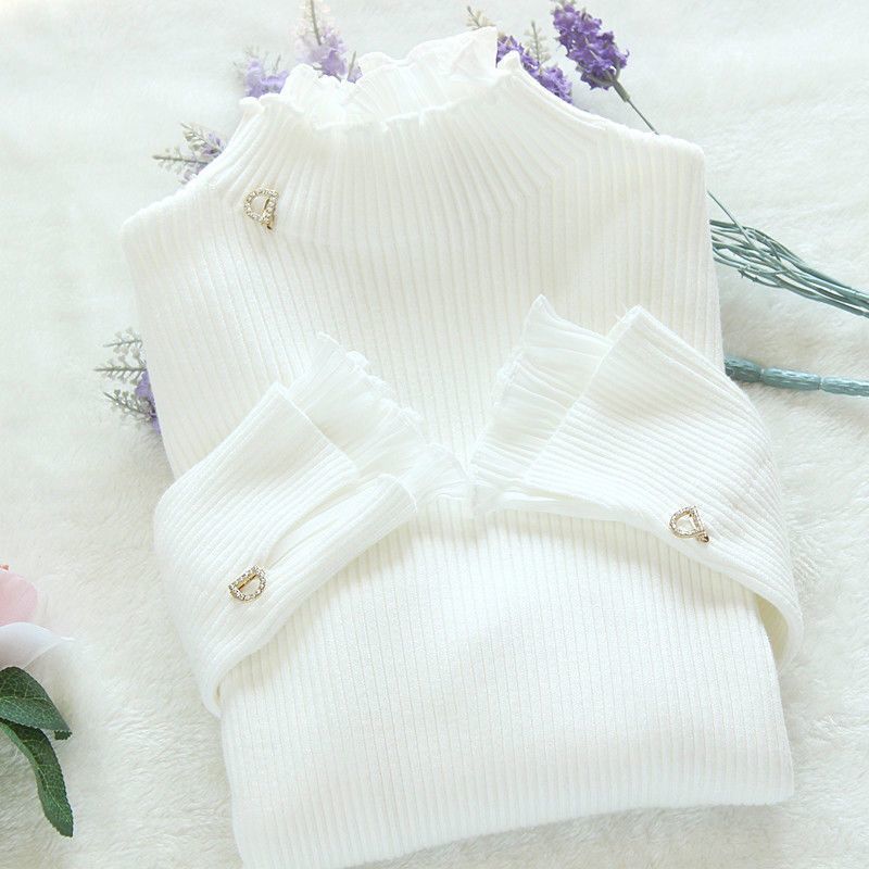Half High Collar Bottom Sweater With Wooden Ear Edge Top For Women - Stuffs & Savers