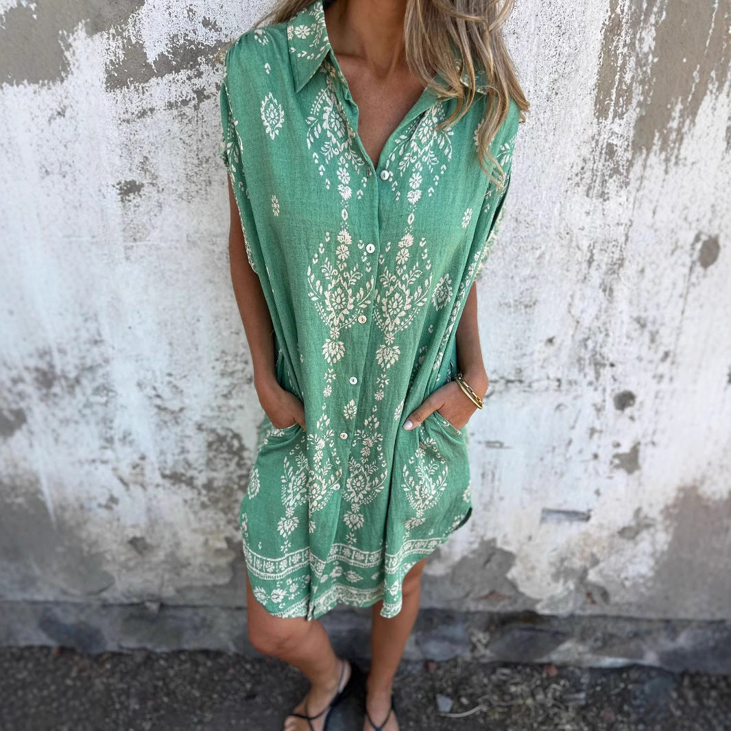 Womens Lapel Sleeveless Shirt Dress With Button