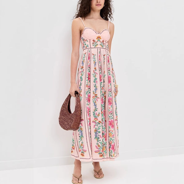 Robe imprimée à bretelles et perles décoratives
