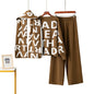 Elegant Women’s Knitted Suit – Letter Shawl, Woolen Round Neck Top & Casual Wide-Leg Pants