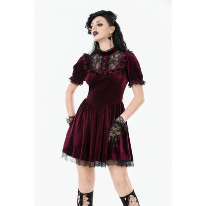 Robe Gothique en Velours Bordeaux à Col en Dentelle Ophelia Dark in Love
