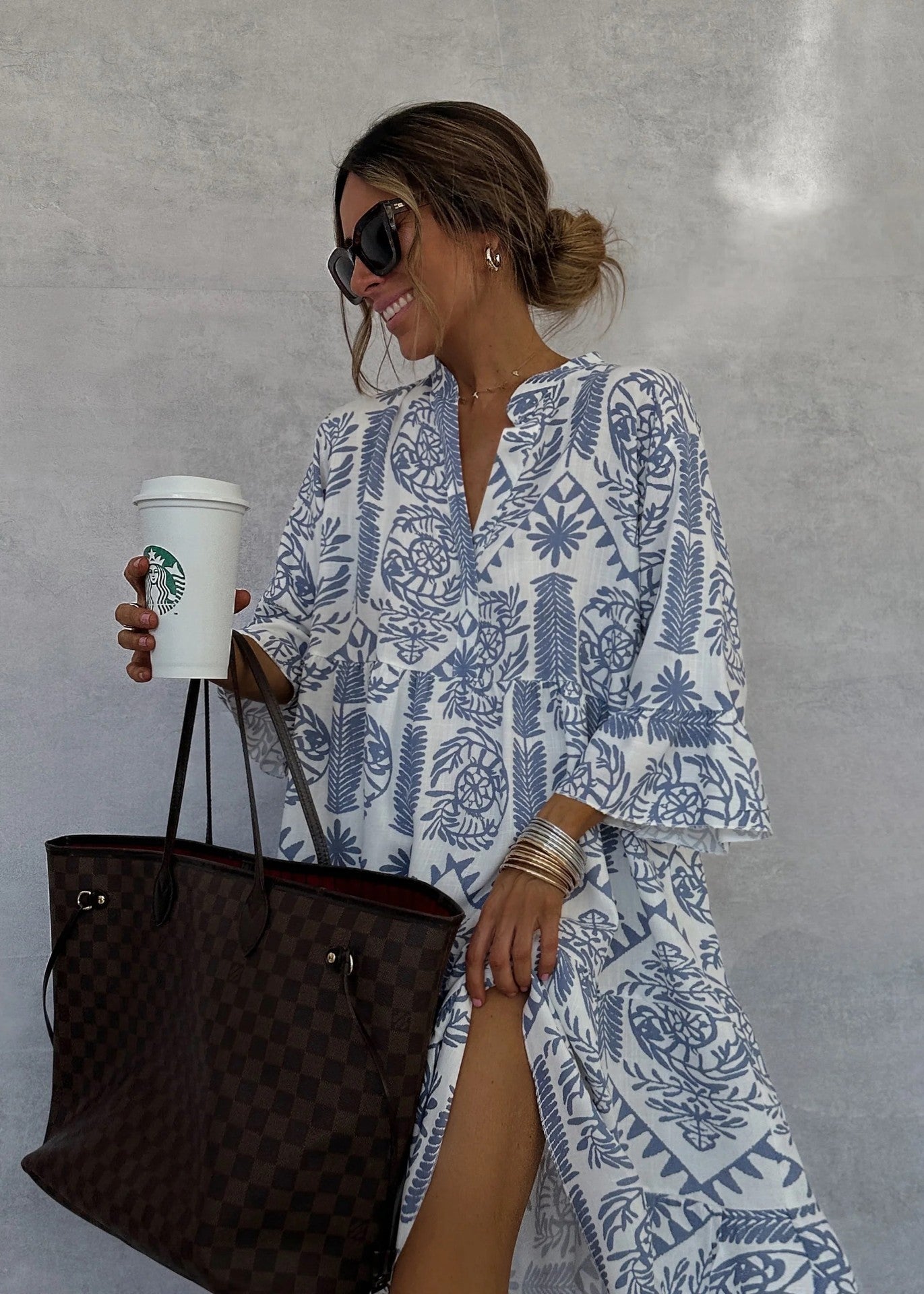 Women V-neck Flare Sleeve Ruffle Shirt Dress