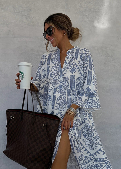 Women V-neck Flare Sleeve Ruffle Shirt Dress