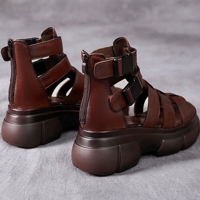 Sandales Rétro Élégantes à Plateforme Évidée en Cuir pour Femmes