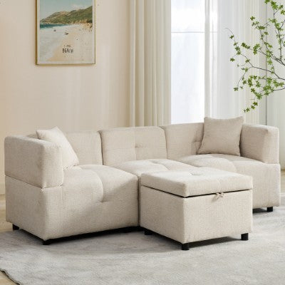 80 Sectional Sofa Couch With Removable Storage Ottoman, Fabric Sofa For Living Room Apartment, L-Shaped Sofa With 2 Pillows For Home Apartment Office Living Room, Beige