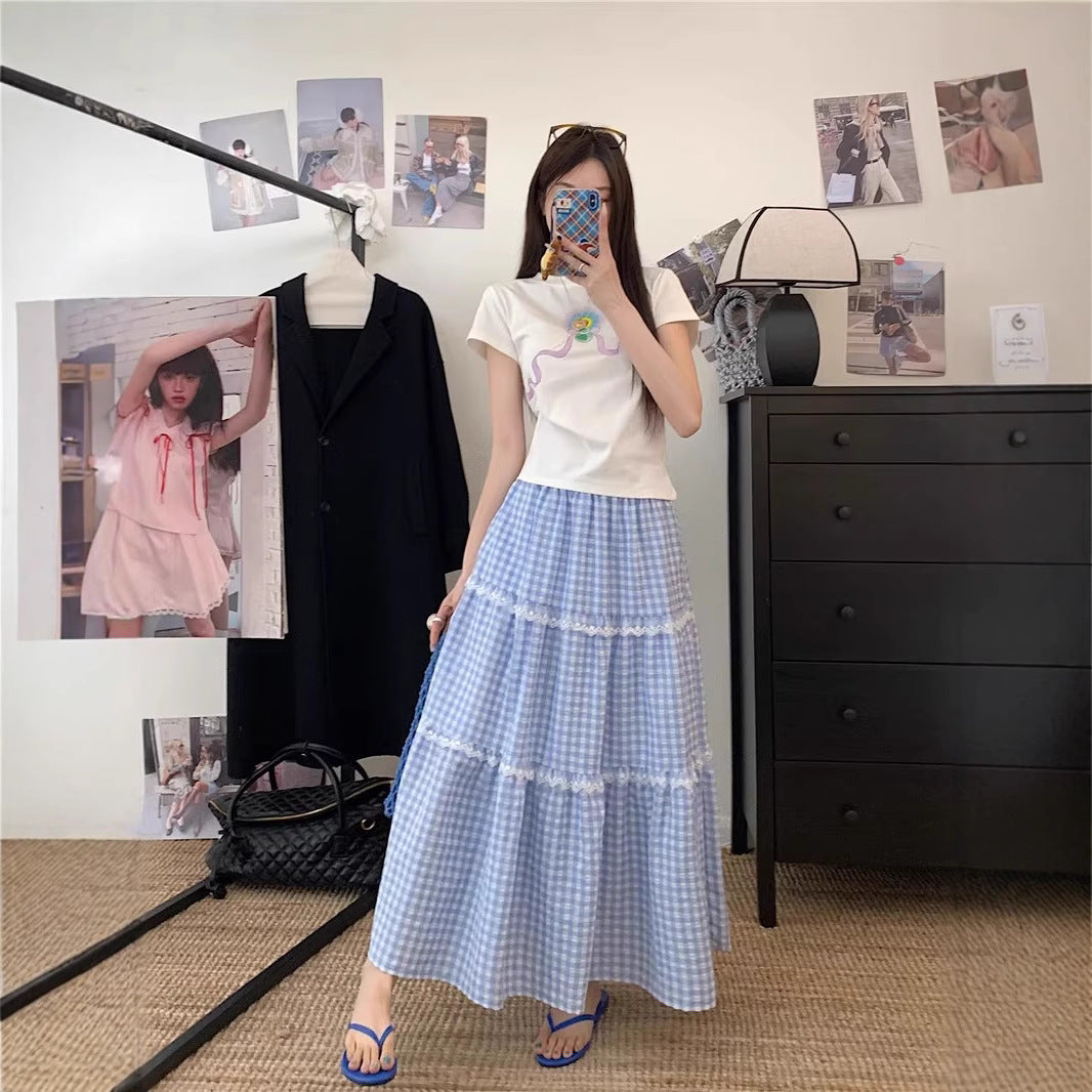 Fresh And Sweet Blue Plaid Cake Skirt