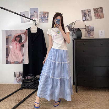 Fresh And Sweet Blue Plaid Cake Skirt