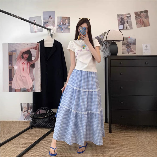 Fresh And Sweet Blue Plaid Cake Skirt