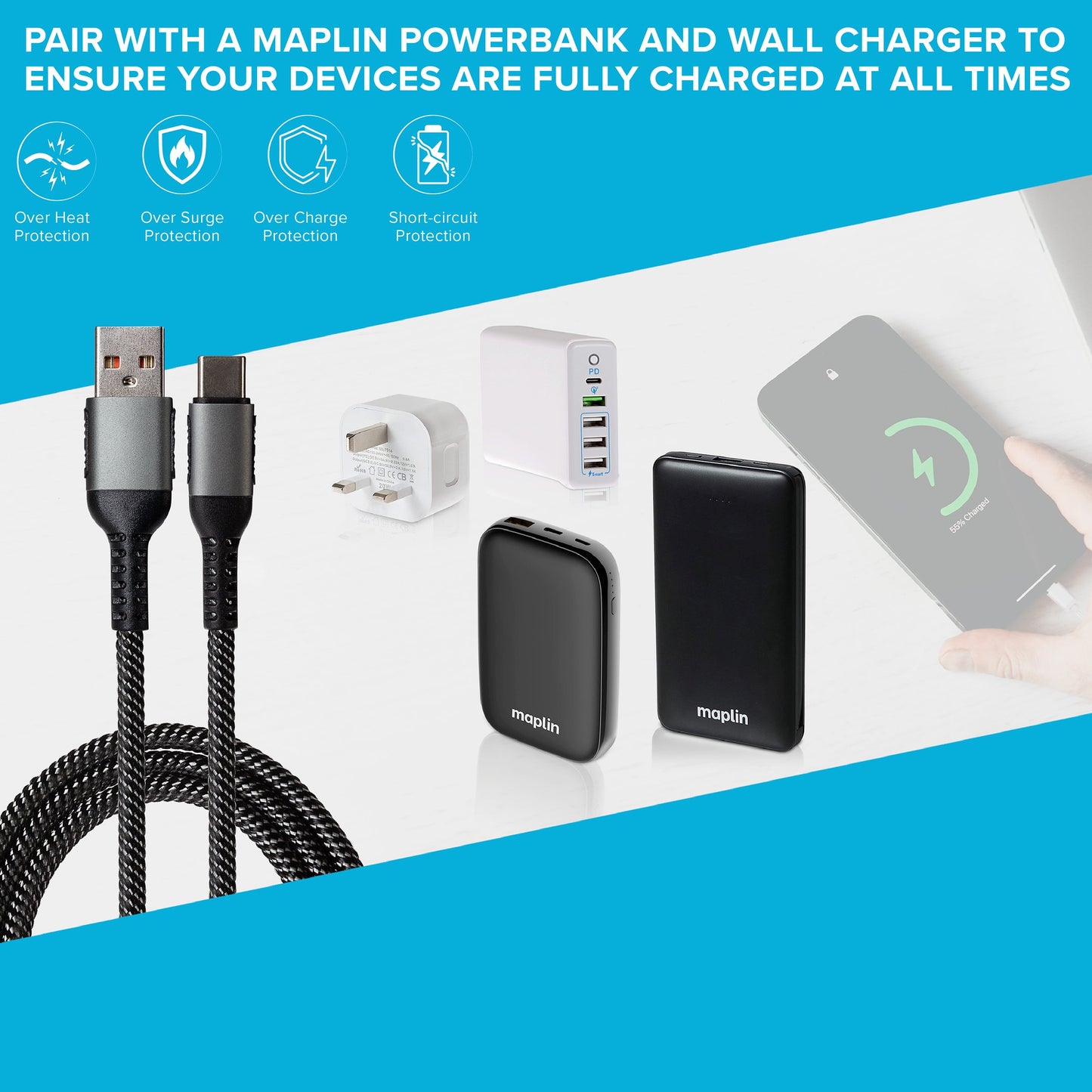 Câble tressé Maplin USB-C vers USB-A 60W - Gris