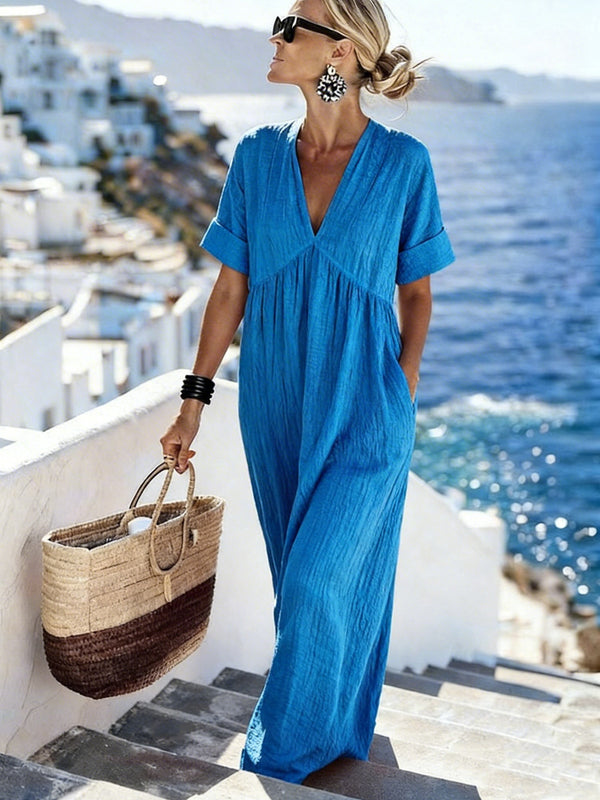 Casual V-Neck Short-Sleeve Maxi Dress