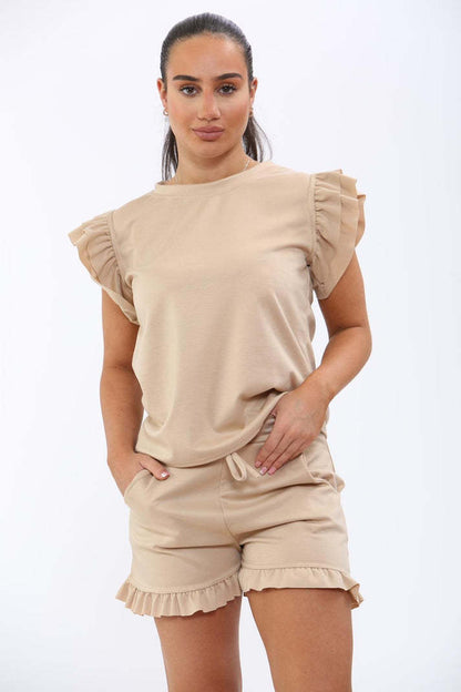 Ensemble Haut à Manches Volants Peplum & Short pour Femme – Tenue de Survêtement Décontractée 2 Pièces