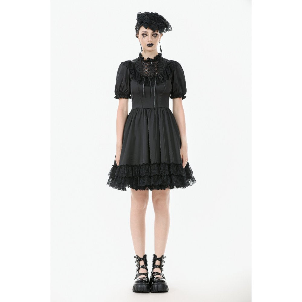 Robe Gothique Noire Dark in Love Belladonna à Manches Bouffantes et Col Montant Lacé