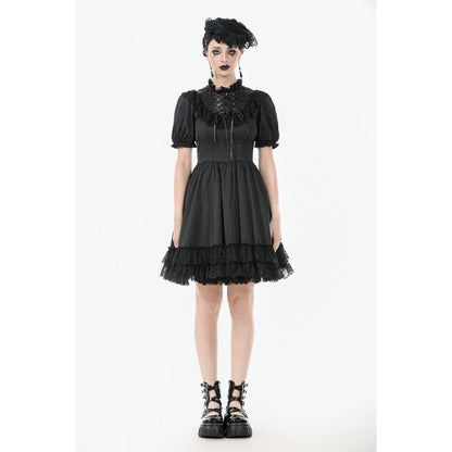 Robe Gothique Noire Dark in Love Belladonna à Manches Bouffantes et Col Montant Lacé
