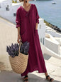 Womens Casual V-Neck Long-Sleeve Loose Cotton-Linen Solid-Color Dress
