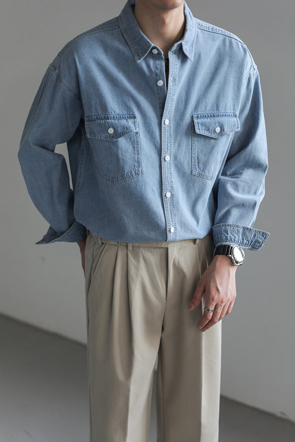 Chemise en Jean à Manches Longues Simple et Ample pour Homme Minority