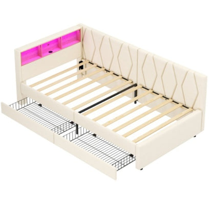 3ft Single Daybed With Two Storage Drawers, LED Modern Bed Frame With Charging Station, Linen Sofa Bed For Living Room Bedroom Study Room, 90X190cm, Easy Assembly, Beige