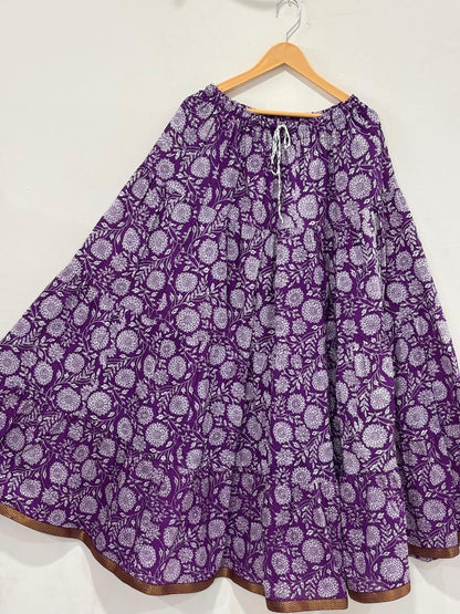 Blackfever Purple Floral Tiered Cotton Maxi Skirt with Gold Border-  Free Size