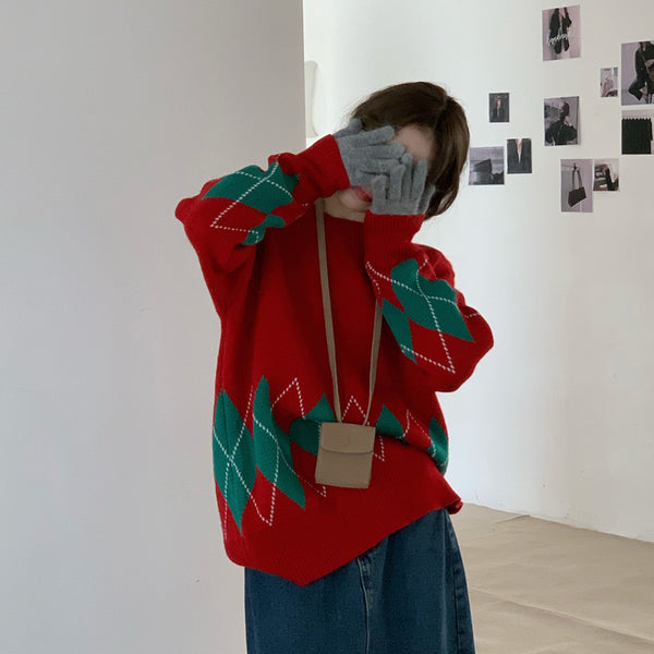 Western Fashion All Match Long Sleeved Round Neck Sweater Spring New Women's Clothing European And American Thickened Rhombus Sweater For Women - Stuffs & Savers