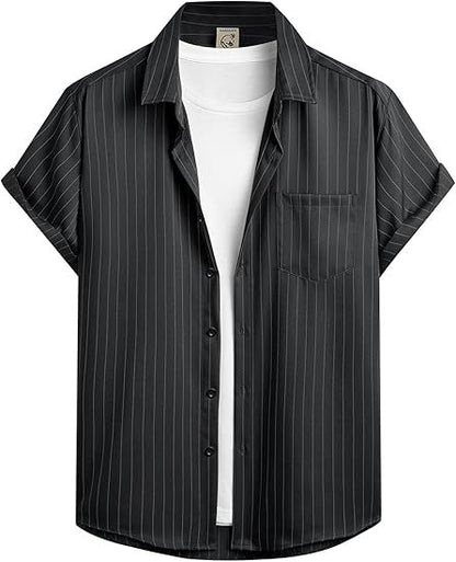 Striped And Solid-color Short-sleeve Shirt-cardigan