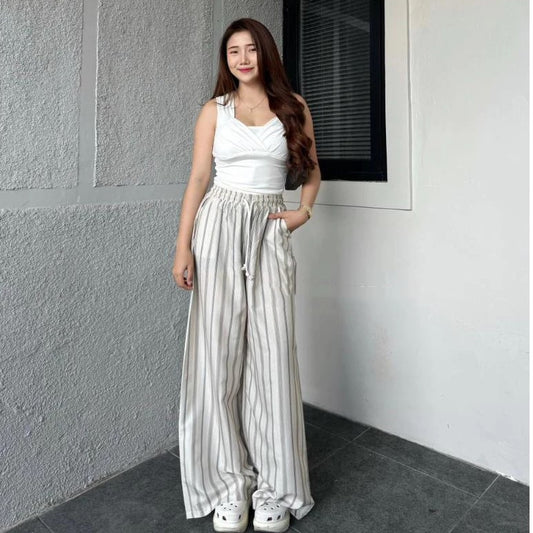 Women's Striped Loose Drawstring Wide-Leg Pants