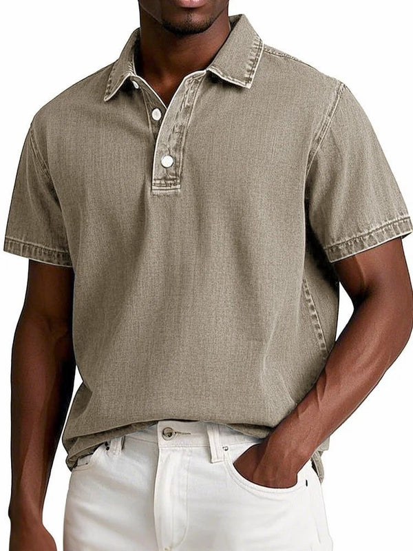 Men's Solid Colour Vintage Lapel Polo Shirt - Short Sleeve