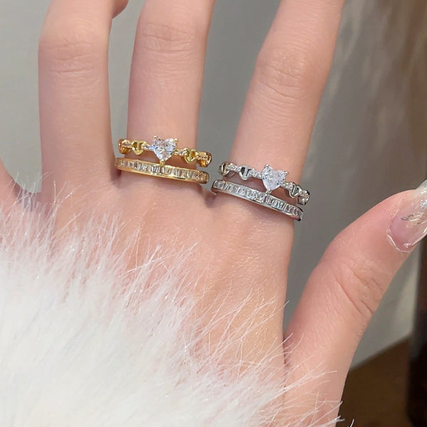 Rhinestone Loving Heart Zircon Ring Female Dual Layer Open-end - Stuffs & Savers
